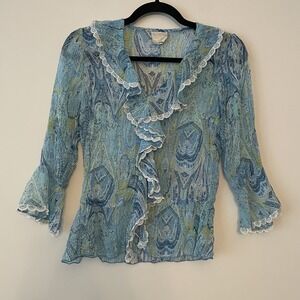 VTG Sheer Lace Trim Ruffle Neck Blouse Sz S Y2K Victorian Western Coquette Fairy